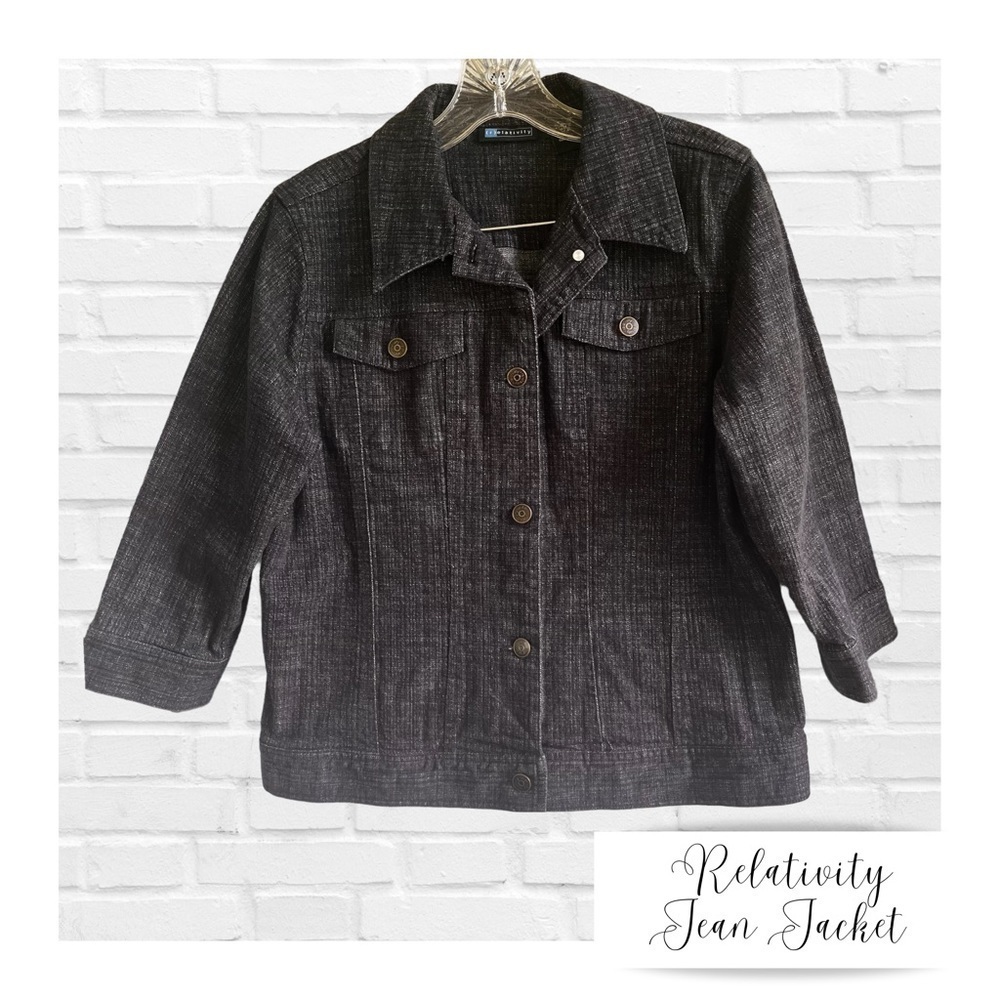 Relativity Jean Jacket Large Heather Black 3/4 Sleeve Boxy Career Office Fall